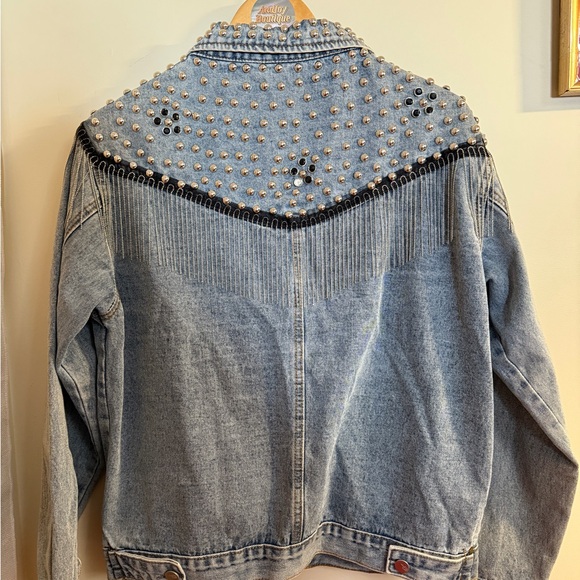 Studded Fringe Light Blue Denim Jacket - Women - Picture 4 of 5